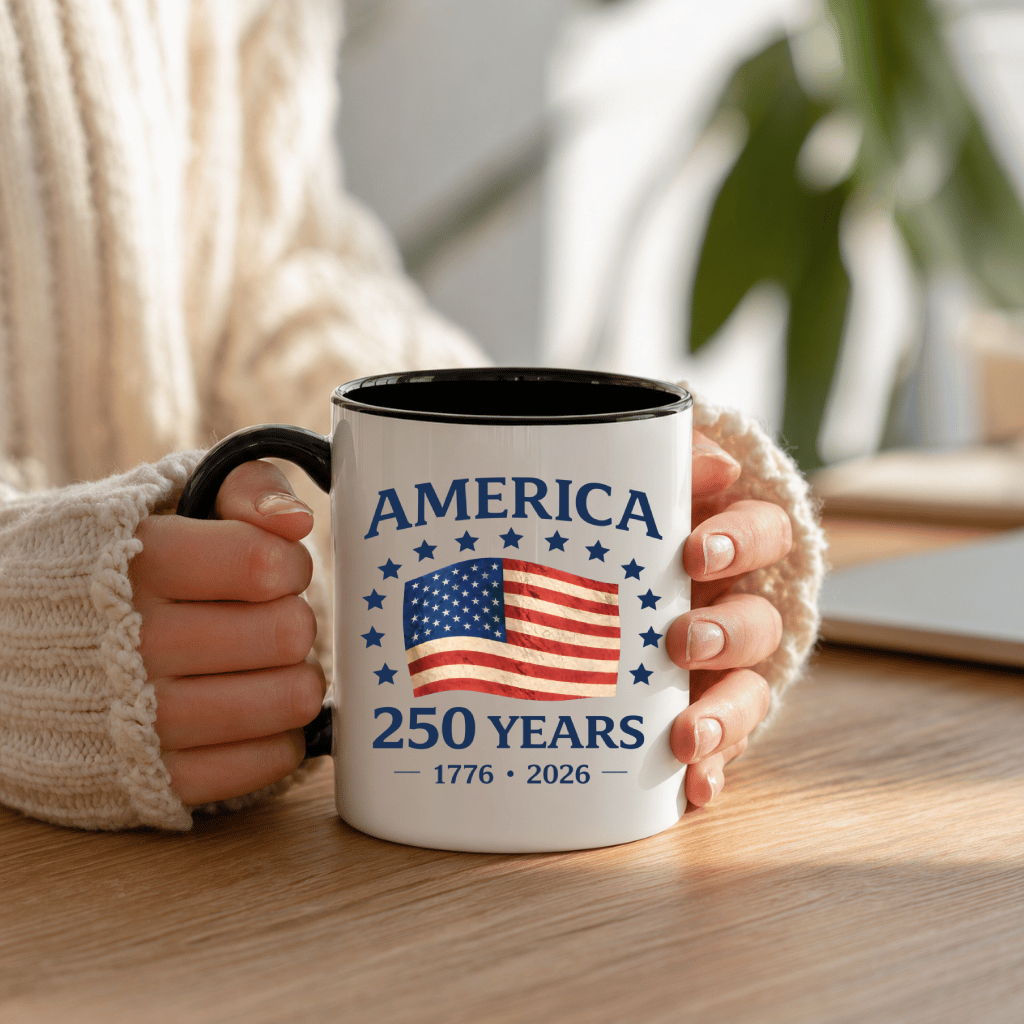 Freedom 250 Years Accent Mug – USA 1776-2026 Independence Day Gift for Men Women, Retro Patriotic Graphic - lifestyle view